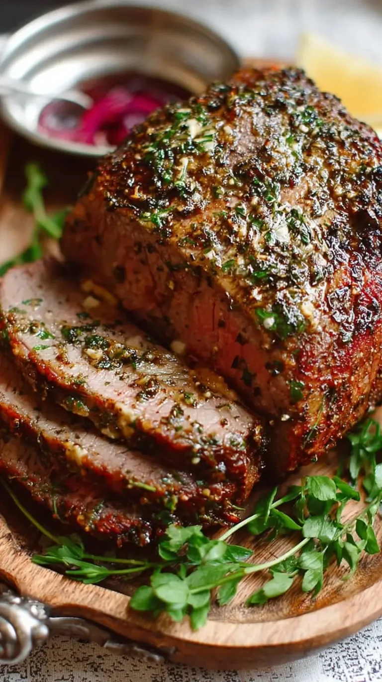 Beef roast coated with garlic herb butter before roasting