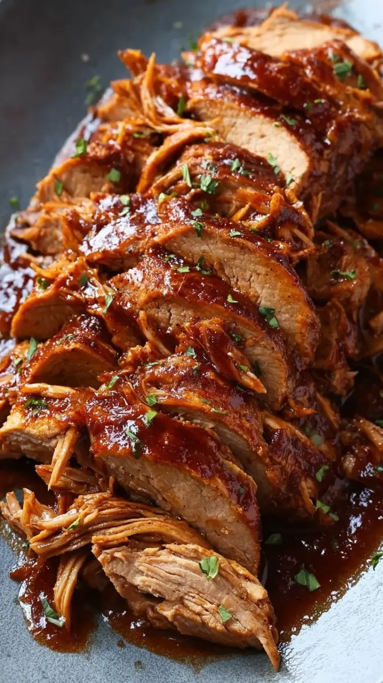 Sliced honey garlic bbq pork tenderloin medallions on a white platter with green beans