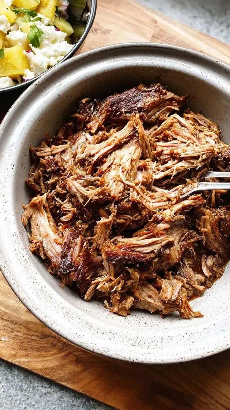 A close-up of shredded Slow Cooker Kalua Pork served with steamed cabbage and white rice, garnished with green onions.
