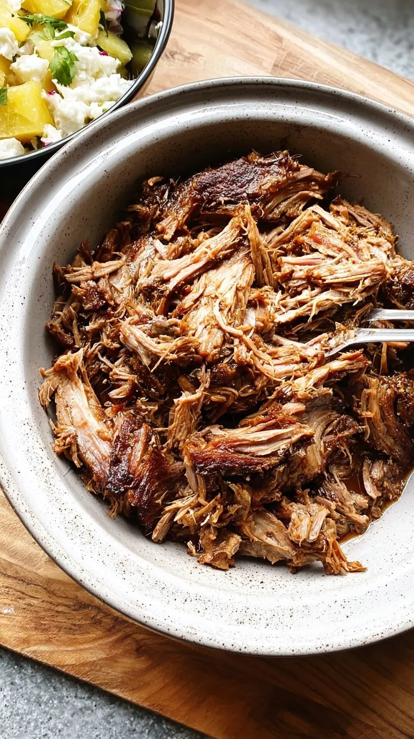 A close-up of shredded Slow Cooker Kalua Pork served with steamed cabbage and white rice, garnished with green onions.