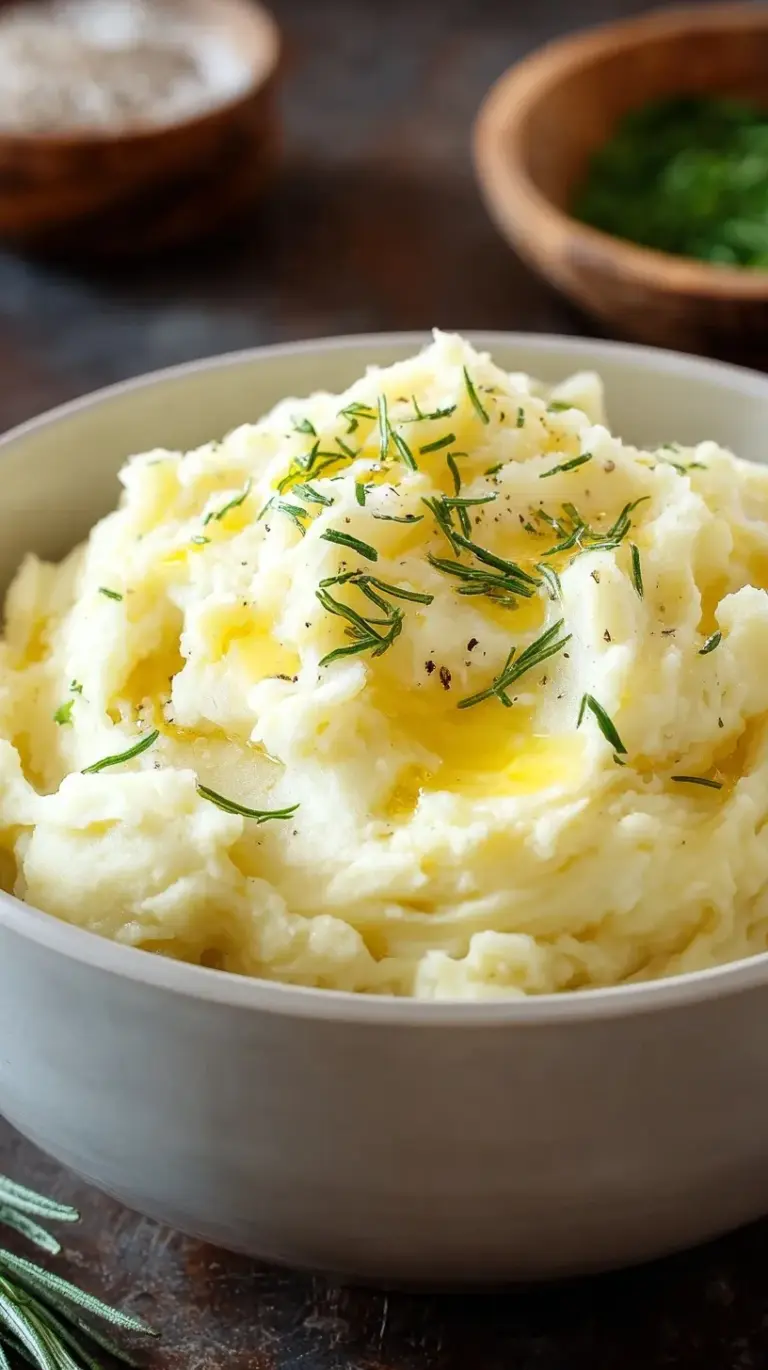 A white bowl filled with creamy mashed potatoes topped with a pat of melting butter and fresh herbs.