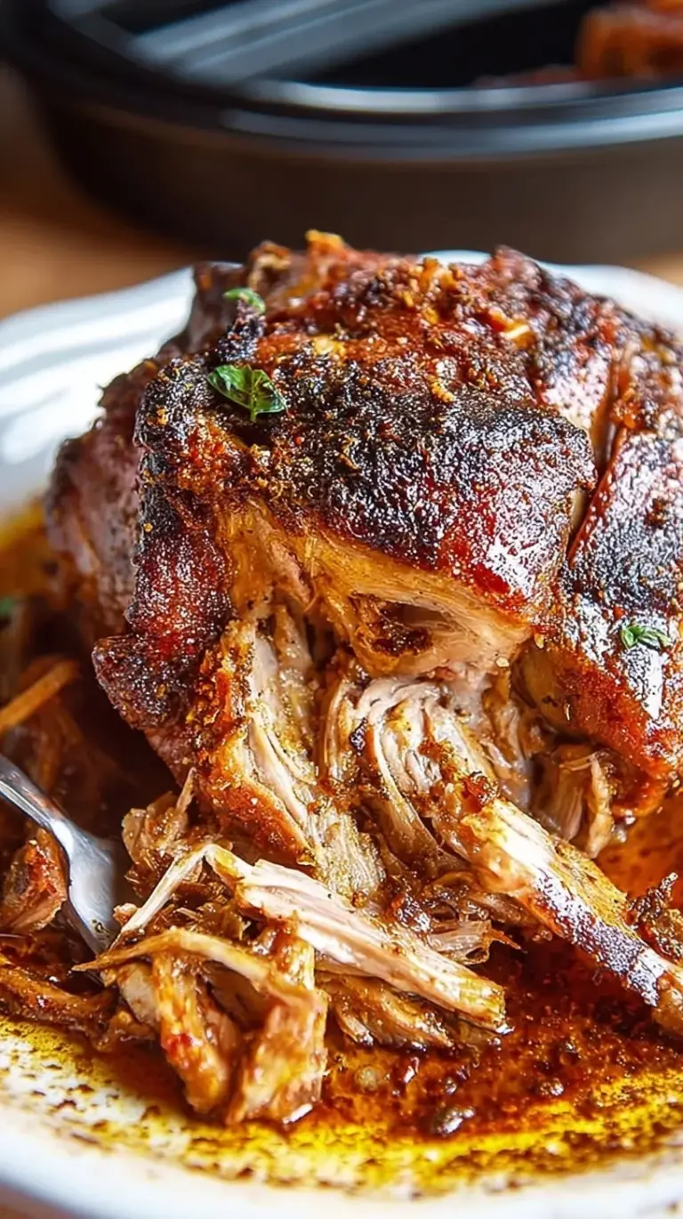 Shredded slow cooker pork shoulder on a wooden board with fresh herbs