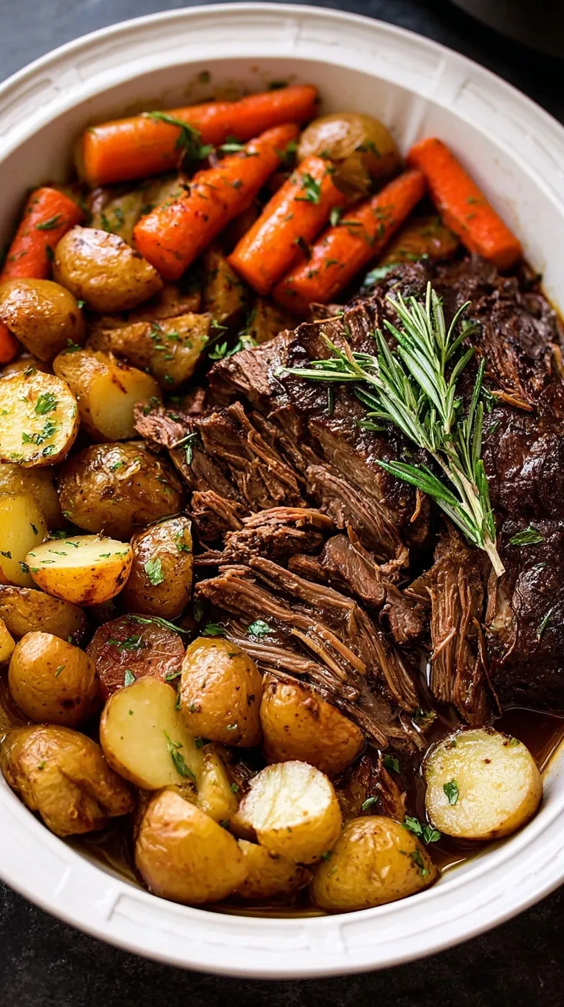 Slow cooker pot roast with tender beef, carrots, and potatoes in rich brown gravy on a white plate