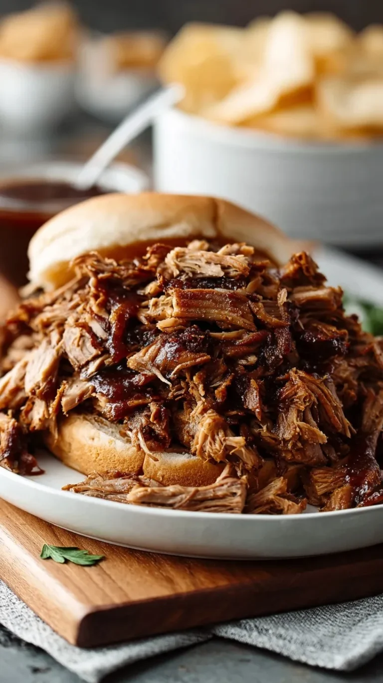 Slow cooker pulled pork on a wooden board with BBQ sauce, ready to serve on fresh buns