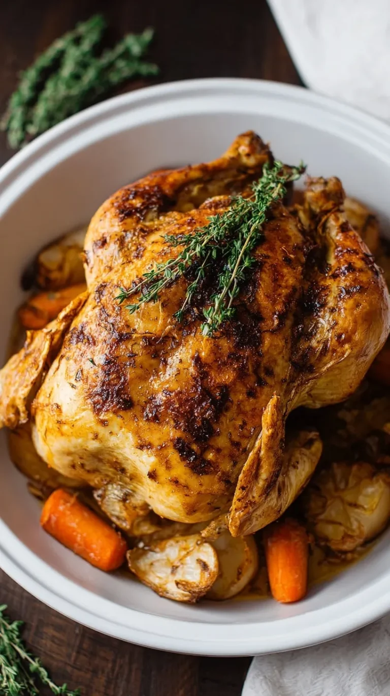 Slow cooker whole chicken with golden brown skin and herbs on a white platter