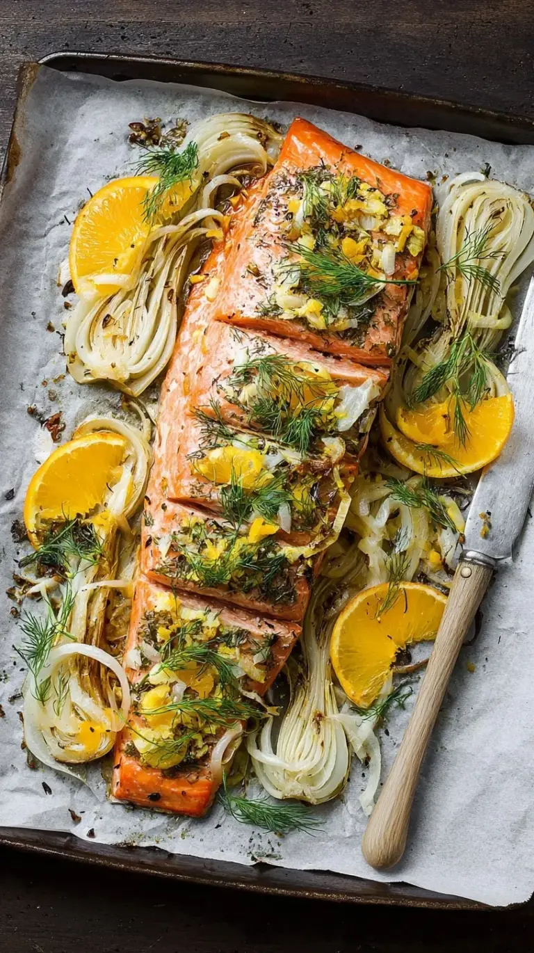 A beautifully plated slow roasted salmon fillet with caramelized fennel and bright orange slices, garnished with fresh dill.