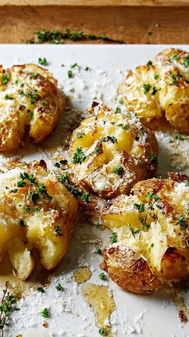Golden brown crispy smashed potatoes topped with fresh rosemary on a baking sheet.