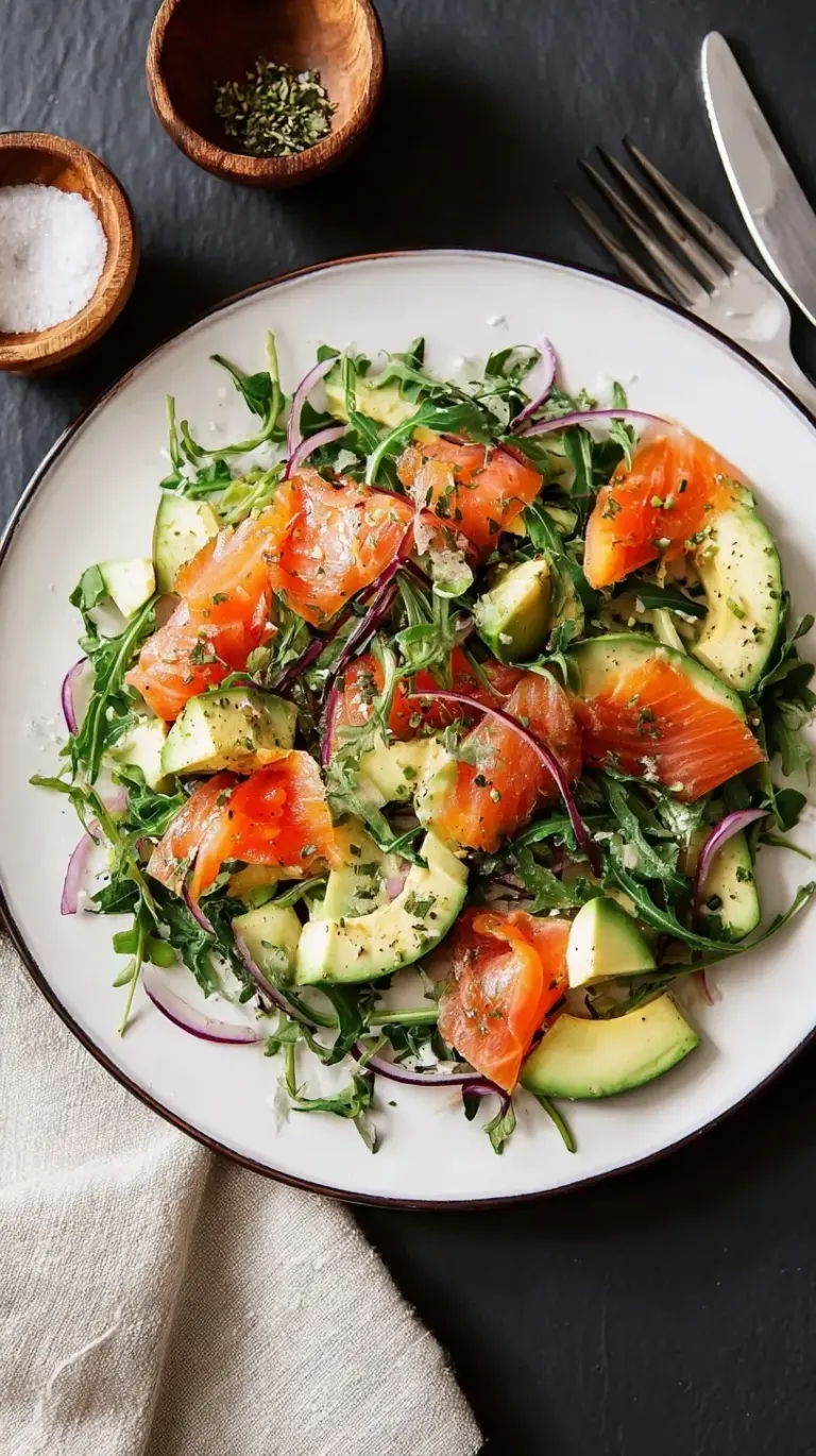 A fresh smoked salmon avocado salad topped with capers and red onion on a white plate.