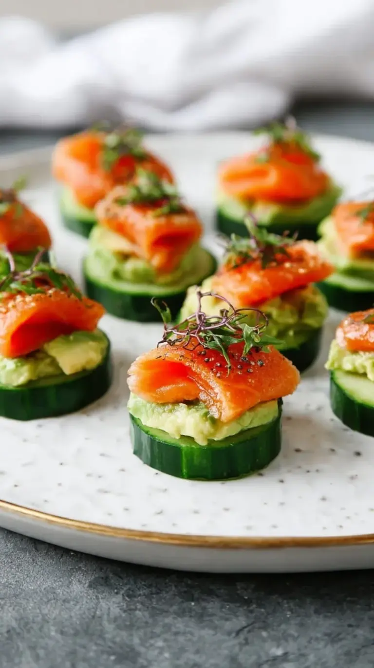 Chilled cucumber rounds topped with creamy avocado and smoked salmon on a platter