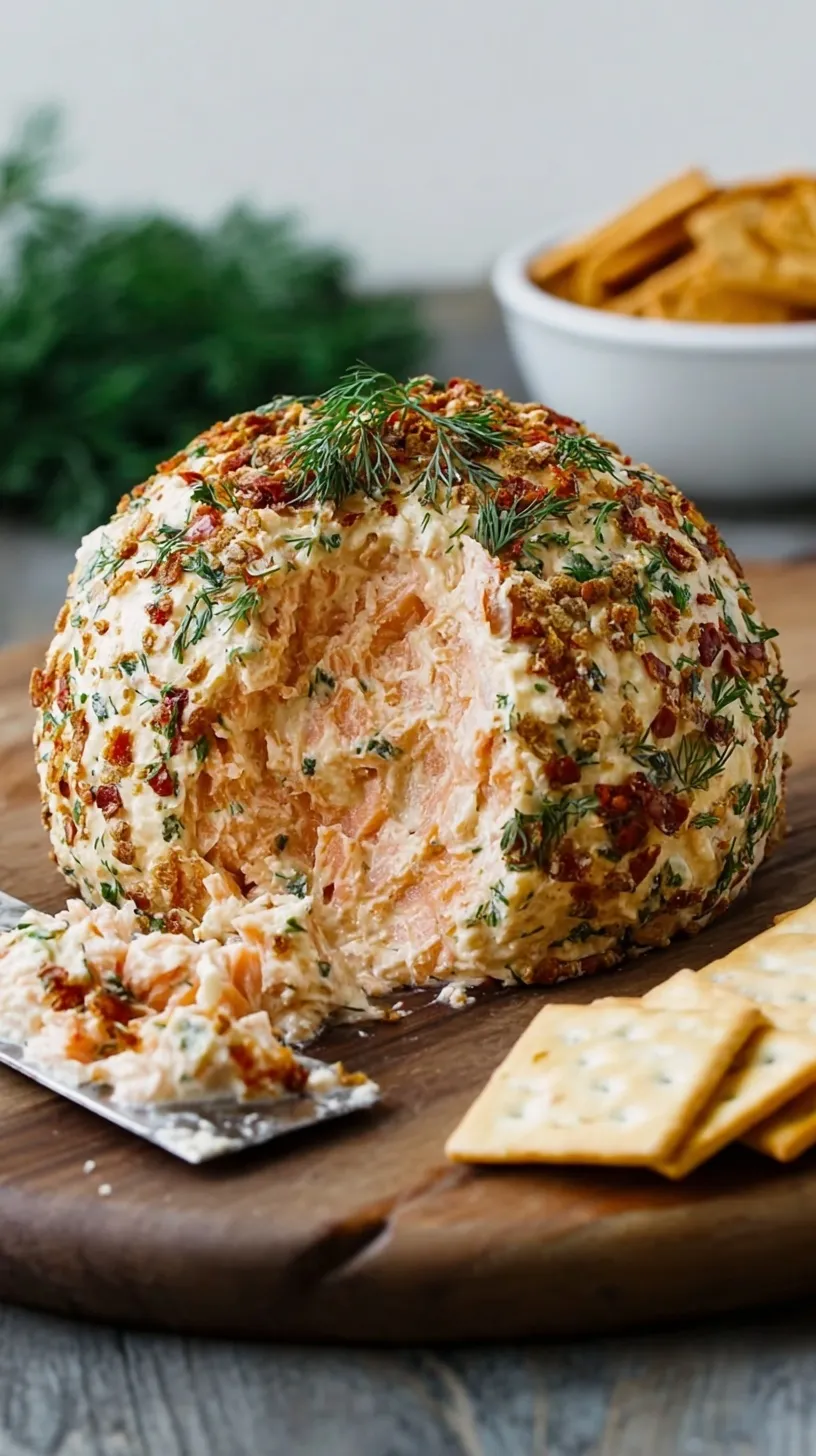 A beautiful smoked salmon cheese ball coated in fresh green dill and chopped pecans on a serving platter with crackers.