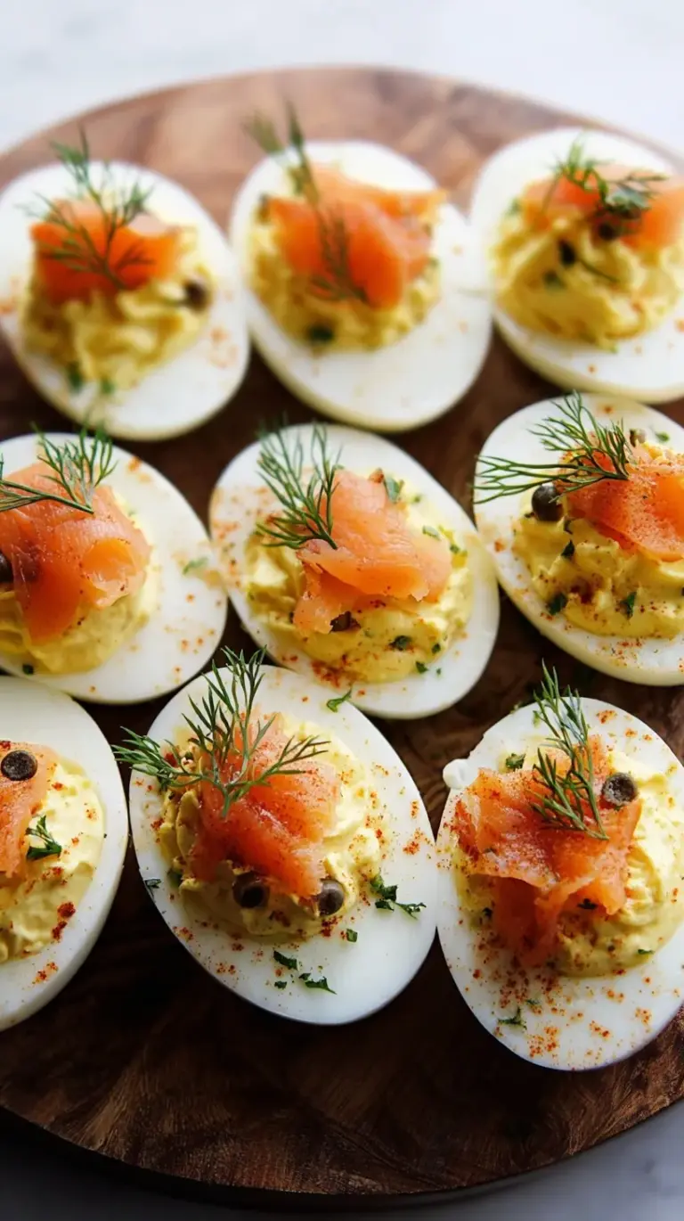 A platter of elegant deviled eggs topped with smoked salmon and fresh dill sprigs.