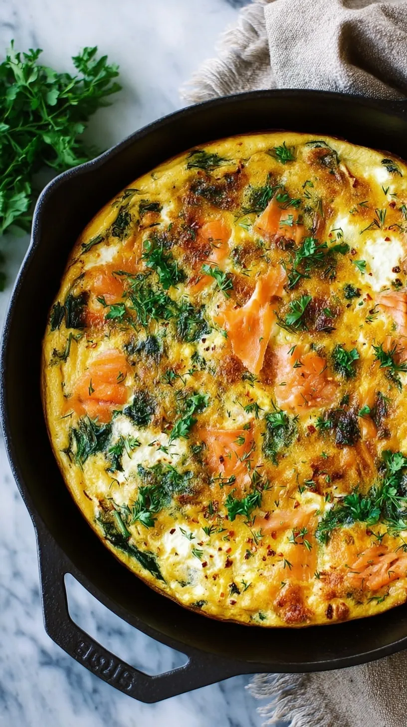 A golden, fluffy Smoked Salmon Frittata garnished with fresh dill and capers, served in a cast-iron skillet.