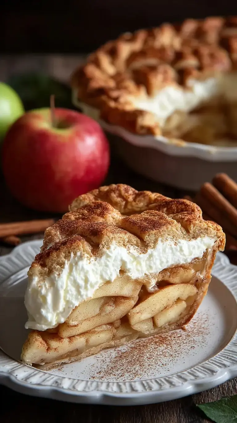 A slice of Snickerdoodle Apple Pie showing layers of cream cheese, apples, and cinnamon crumble topping.