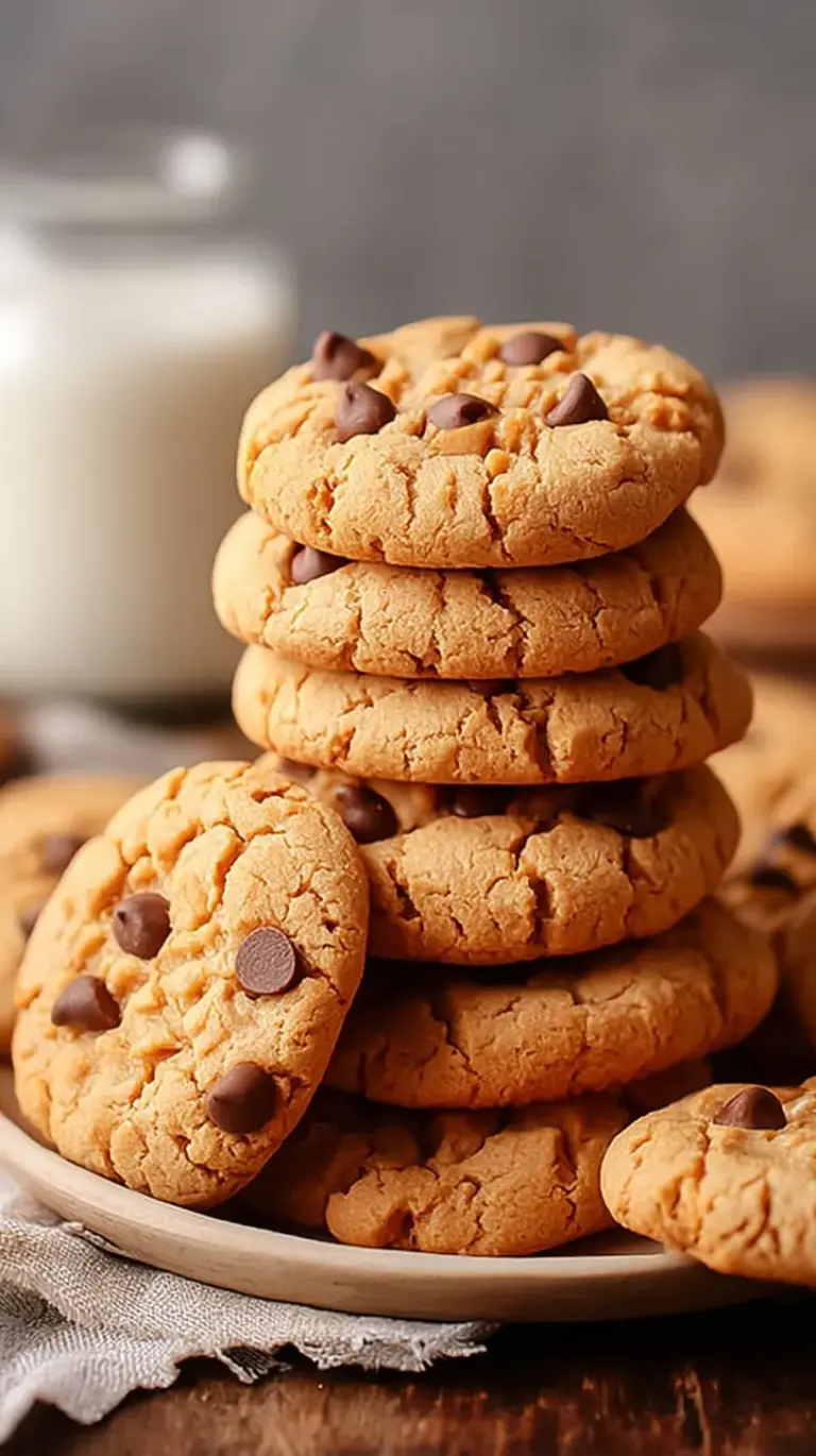 A stack of soft peanut butter cookies with classic criss-cross patterns on a cooling rack