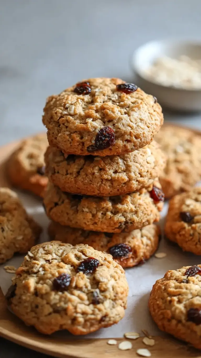 A stack of soft oatmeal raisin cookies on a wire cooling rack with golden edges and plump raisins.