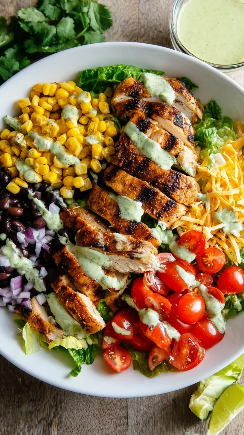 A colorful bowl of Southwest Chicken Salad with grilled chicken, corn, black beans, avocado, and cilantro, ready to be served.