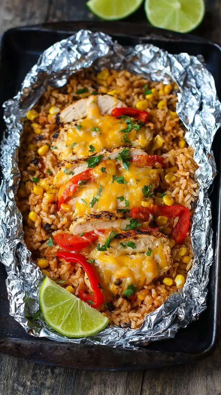 A single-serve foil packet opened to reveal seasoned chicken, rice, black beans, and melted cheese topped with fresh cilantro.