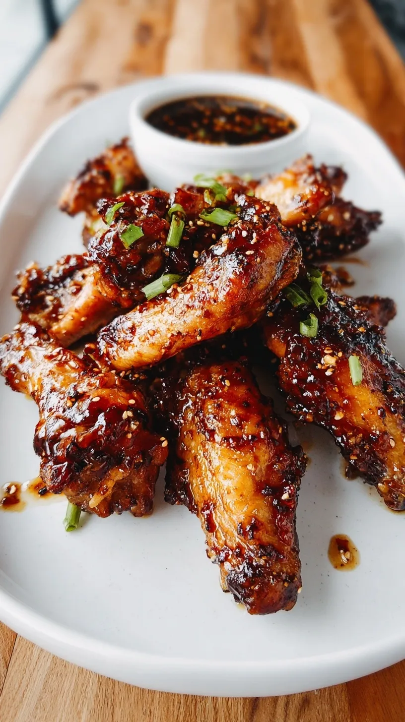 Crispy golden chicken wings glazed in soy garlic sauce with green onions
