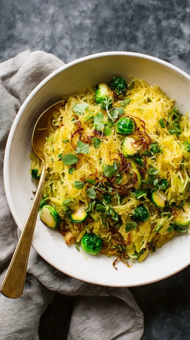 A bowl of golden spaghetti squash strands tossed with charred Brussels sprouts and topped with crispy fried shallots.