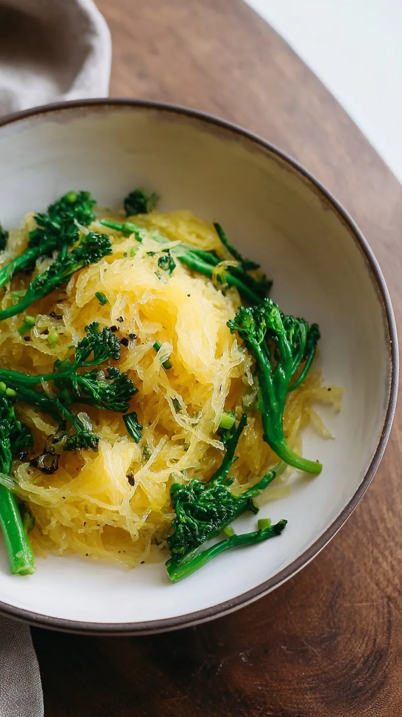 Roasted spaghetti squash strands with vibrant broccolini, drizzled with aromatic truffle oil on a white plate.