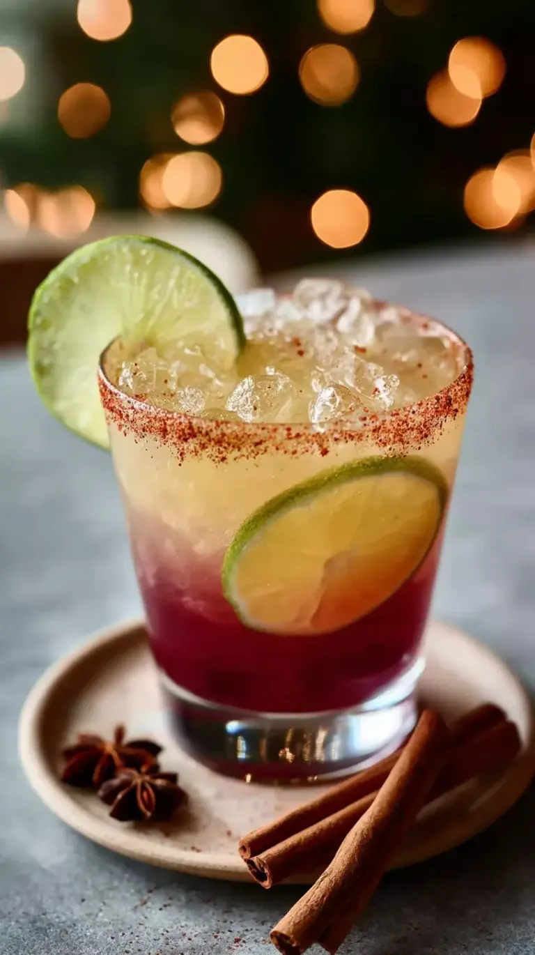 A festive Spiced Christmas Margarita in a salt-rimmed glass with rosemary and cranberries.