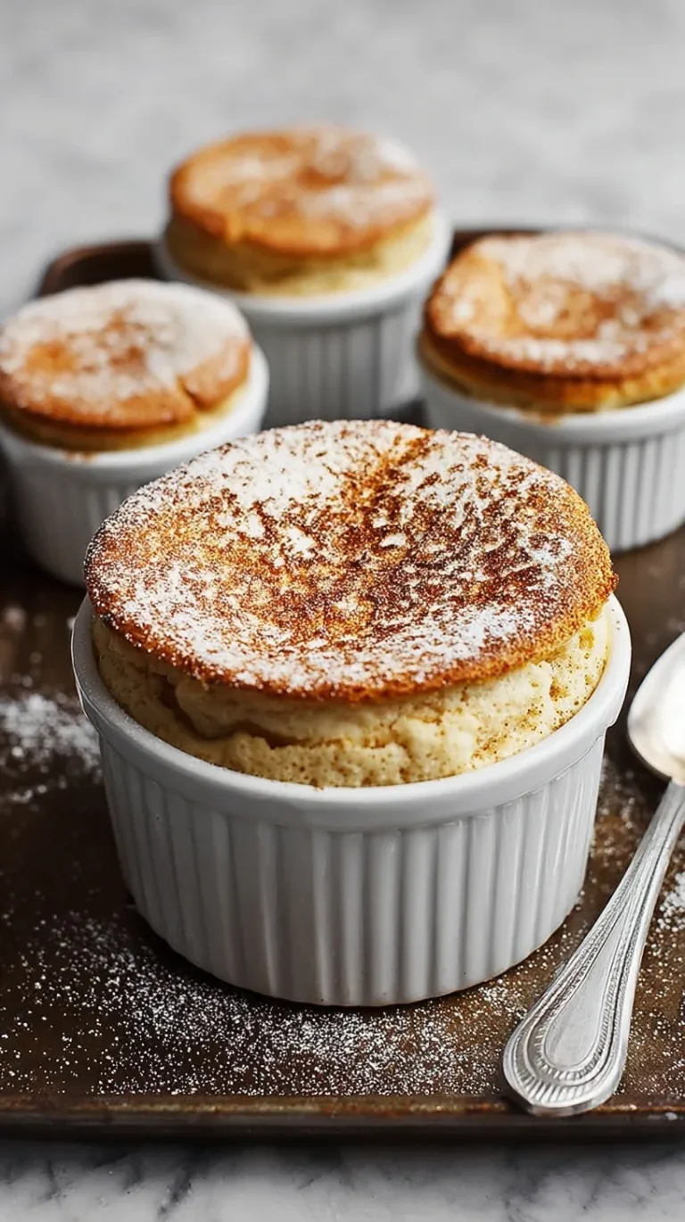 Golden Spiced Pear Soufflé in white ramekin dusted with powdered sugar on rustic table