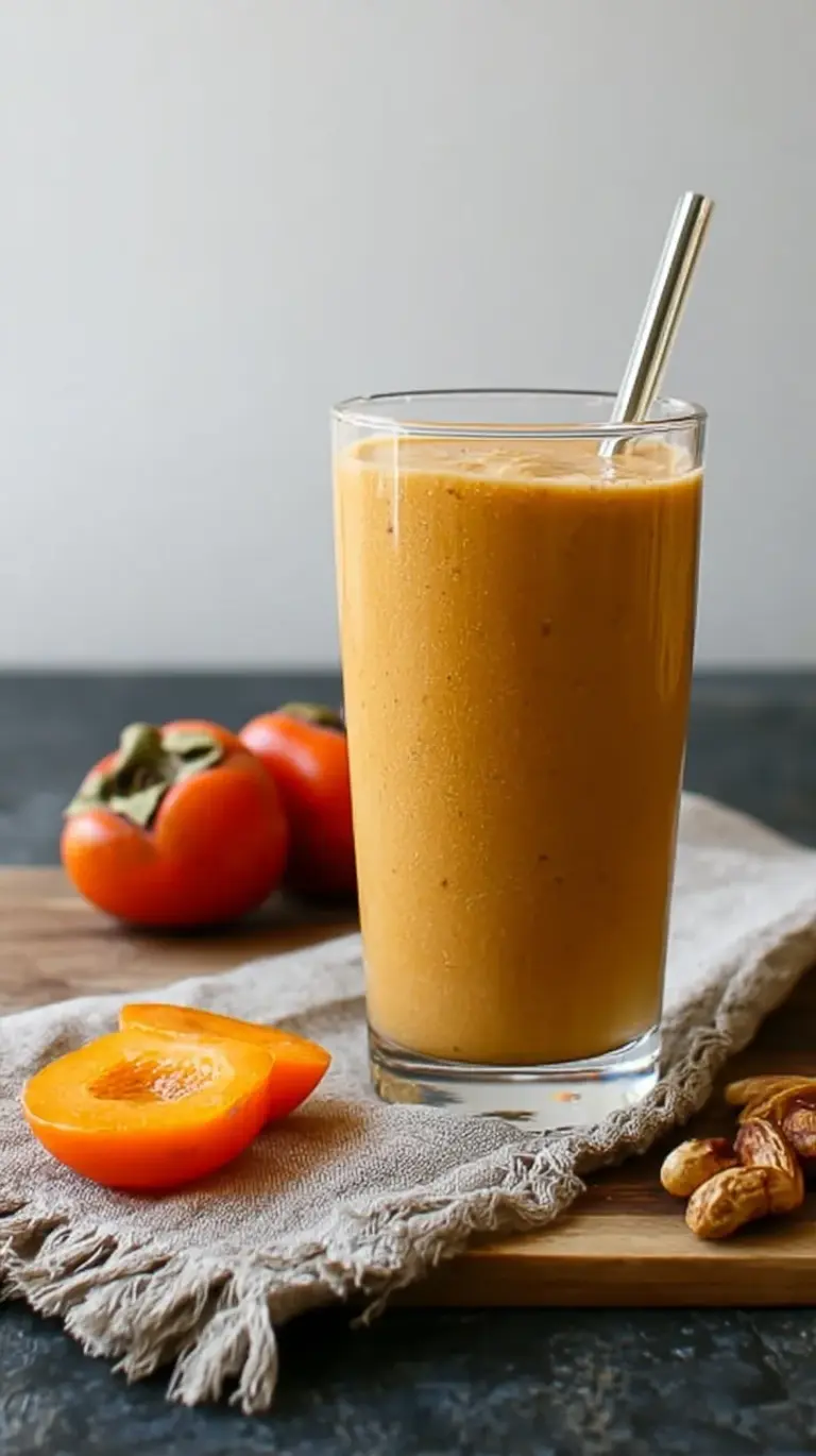 A creamy orange spiced persimmon smoothie in a glass with a sprinkle of cinnamon on top.