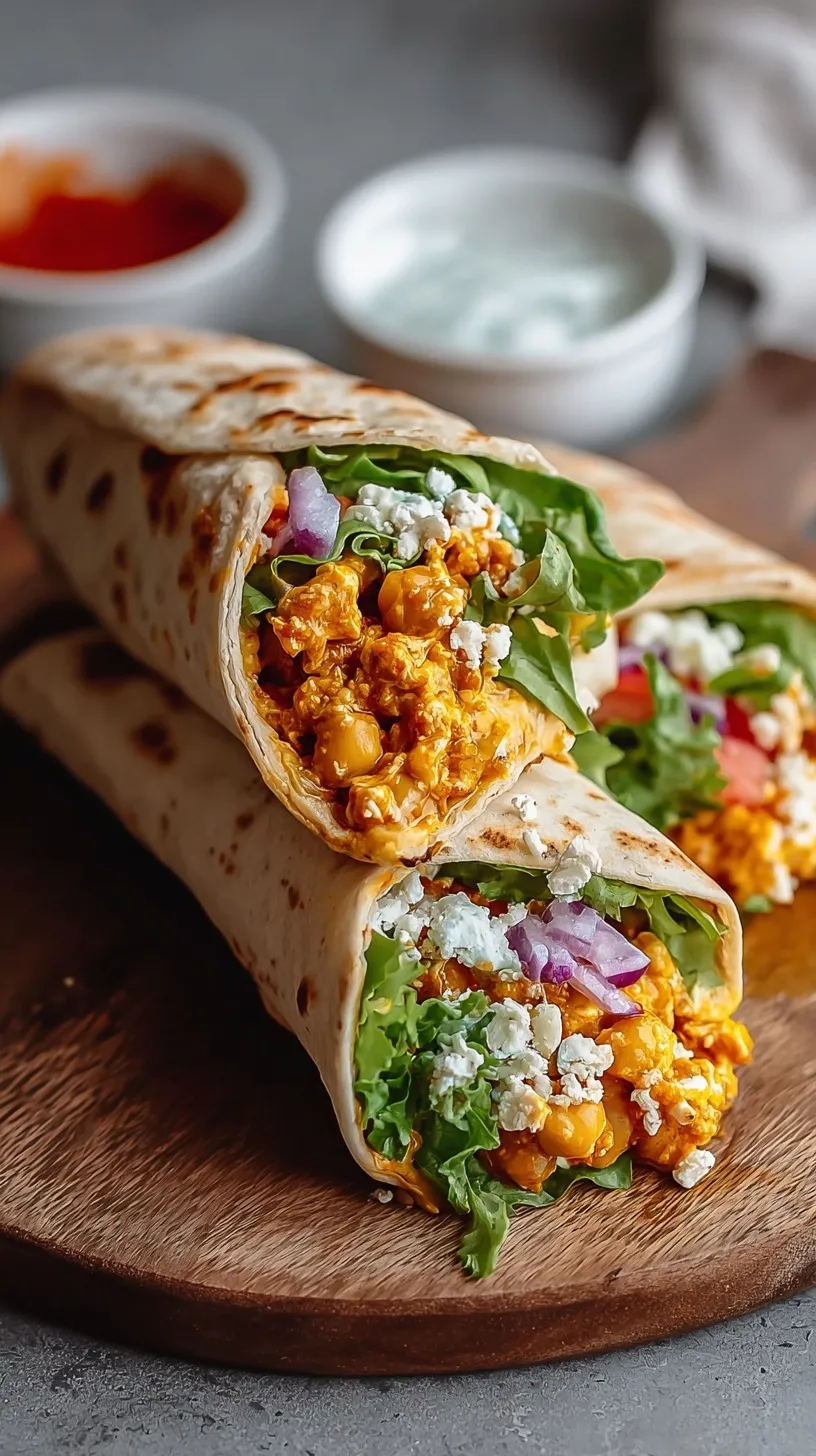 A close-up of a spicy buffalo chickpea wrap sliced diagonally showing colorful vegetables and sauce.