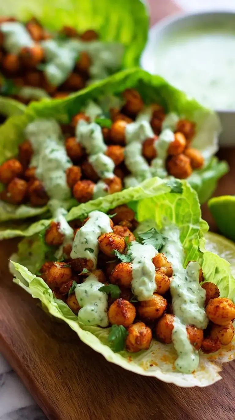 A platter of spicy chickpea lettuce wraps topped with avocado and creamy green sauce.