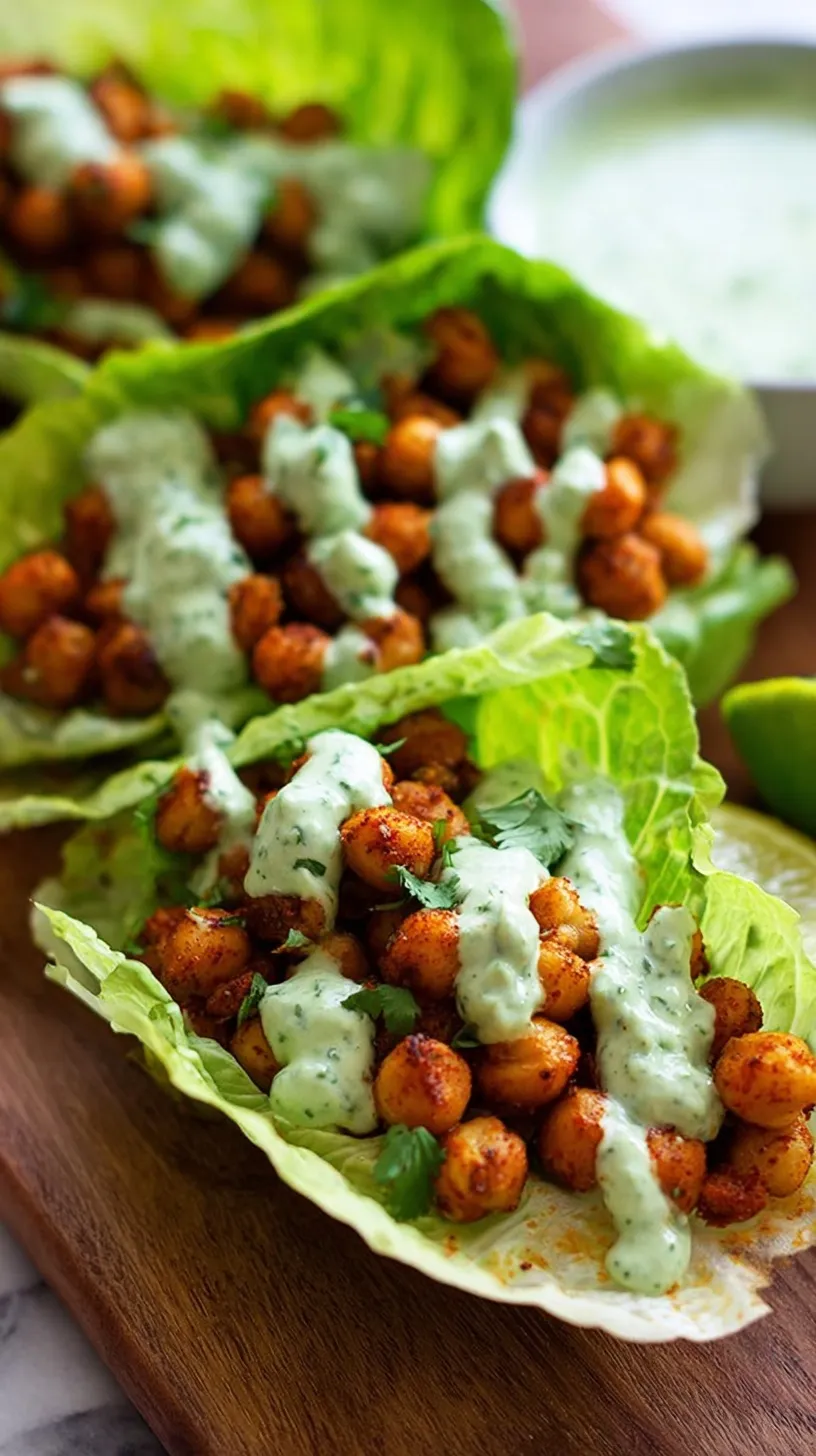 A platter of spicy chickpea lettuce wraps topped with avocado and creamy green sauce.