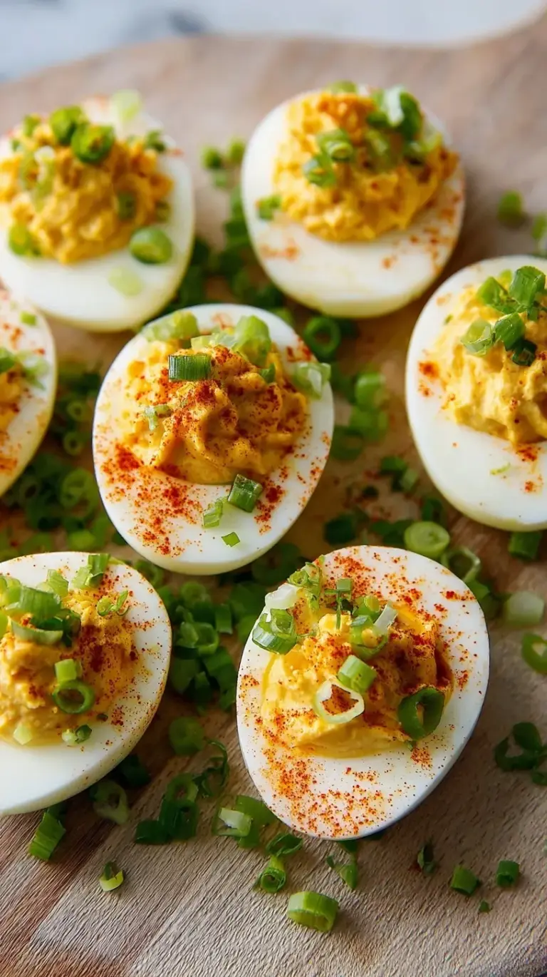 A platter of creamy deviled eggs topped with fresh jalapeños and smoked paprika