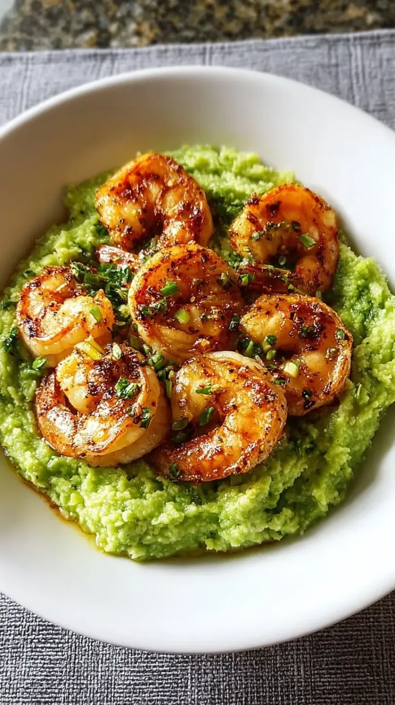 Sautéed spicy garlic shrimp served over a vibrant green broccoli mash on a white plate.