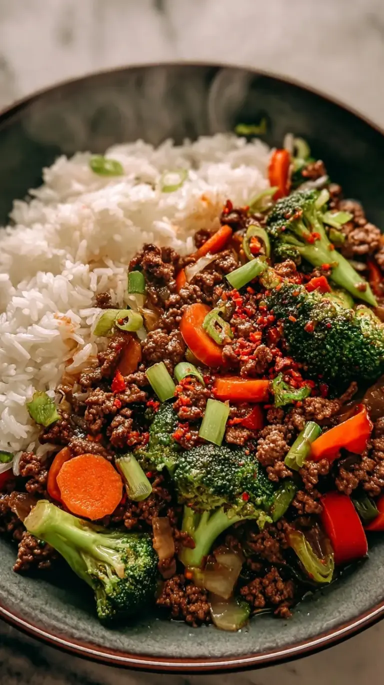 A colorful bowl of spicy ground beef stir-fry with broccoli, red peppers, and green onions over white rice.