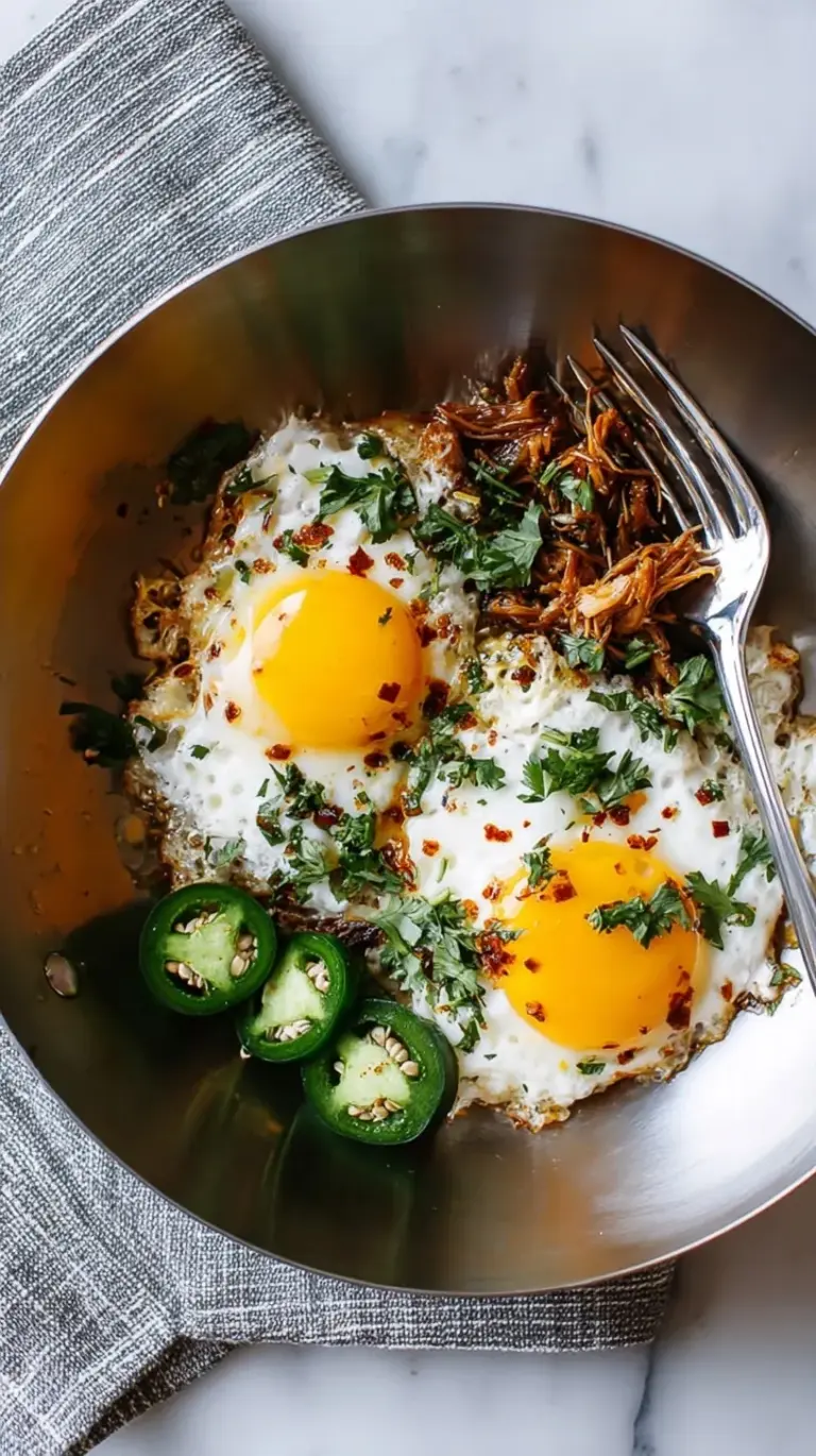 Two sunny-side-up eggs served over crispy spicy shredded pork with fresh cilantro garnish