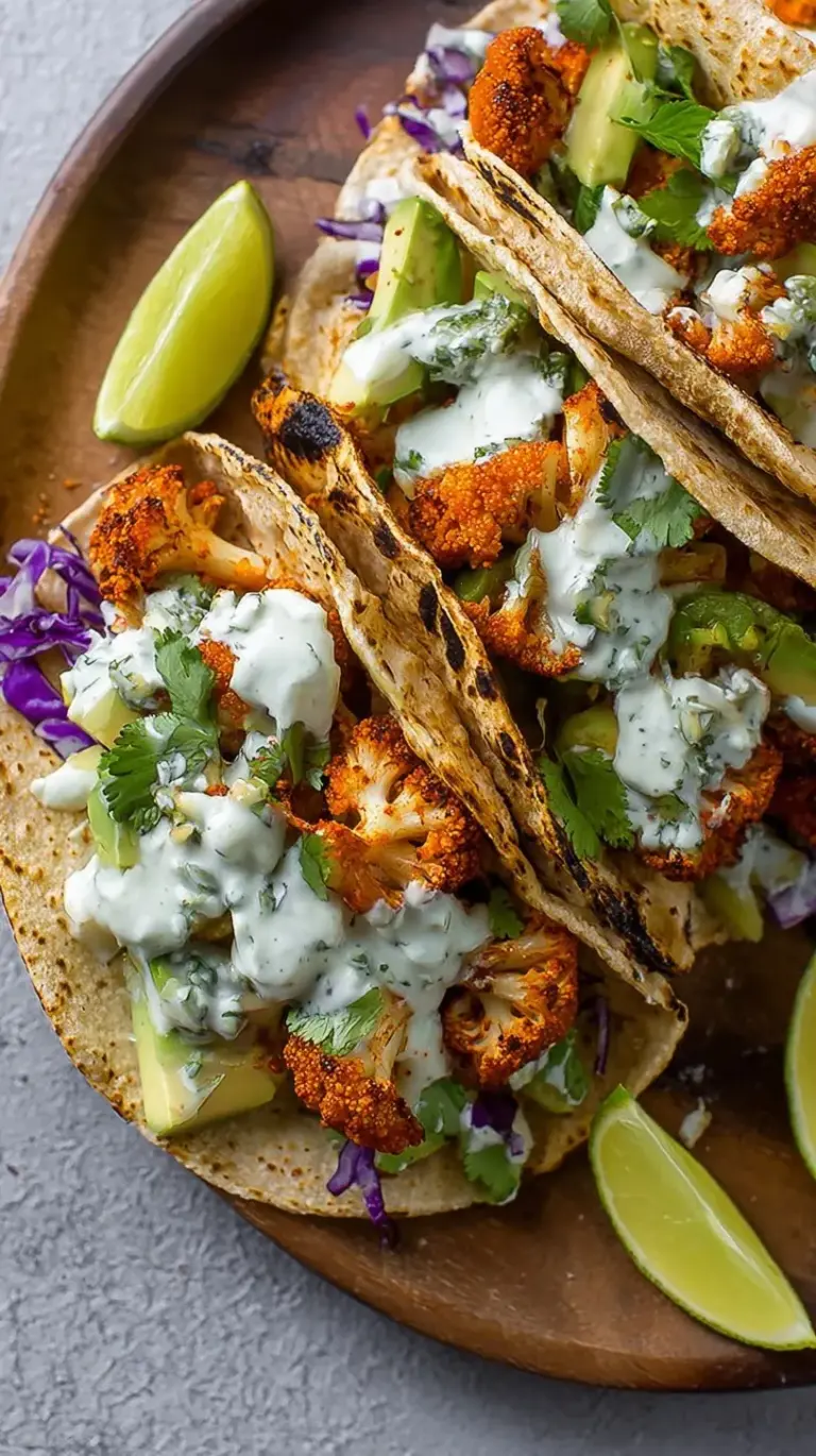 A plate of three roasted cauliflower tacos topped with red cabbage and creamy white sauce