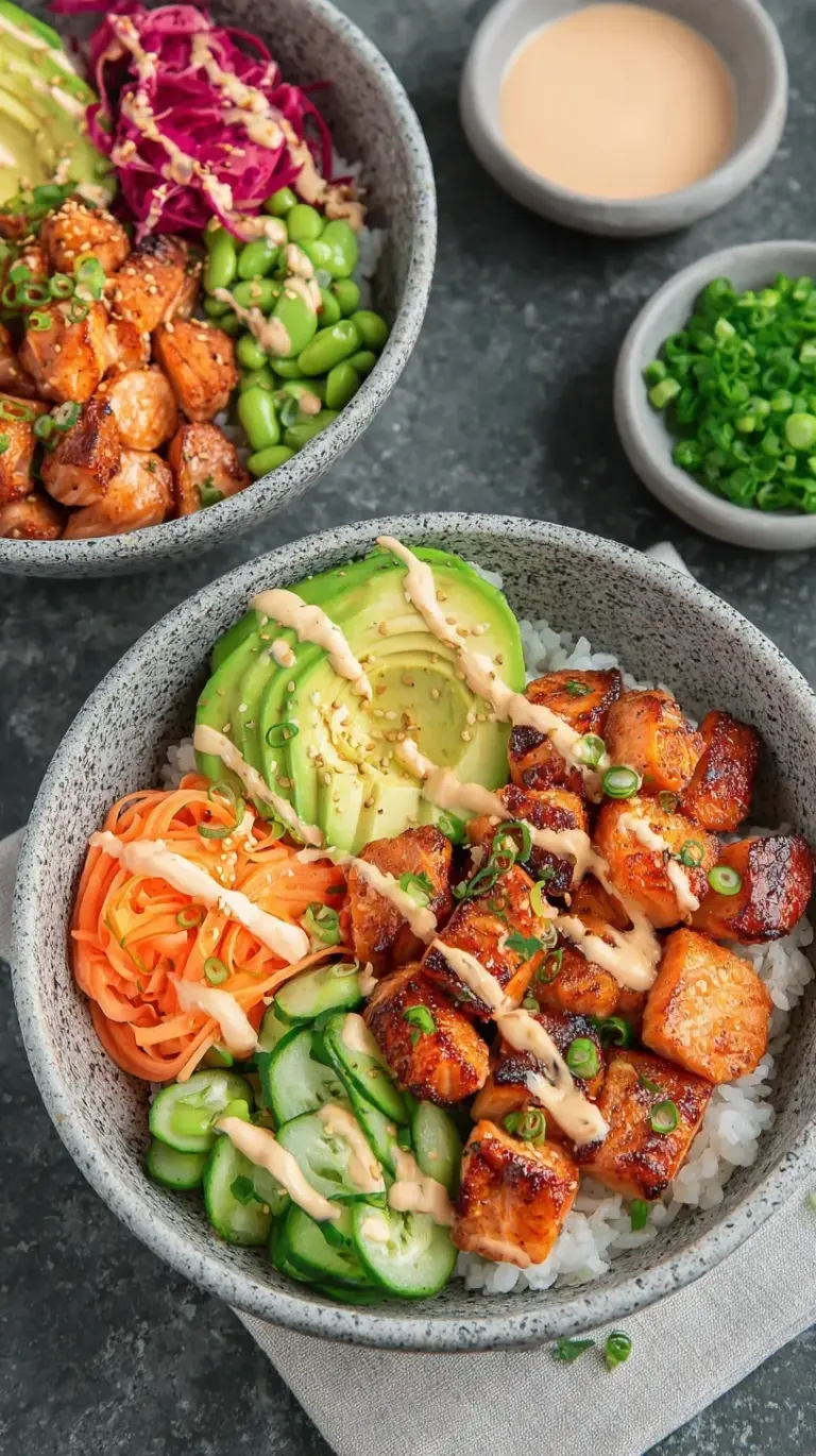 Two bowls of spicy salmon maki with avocado, cucumber, and sesame seeds on a white table.
