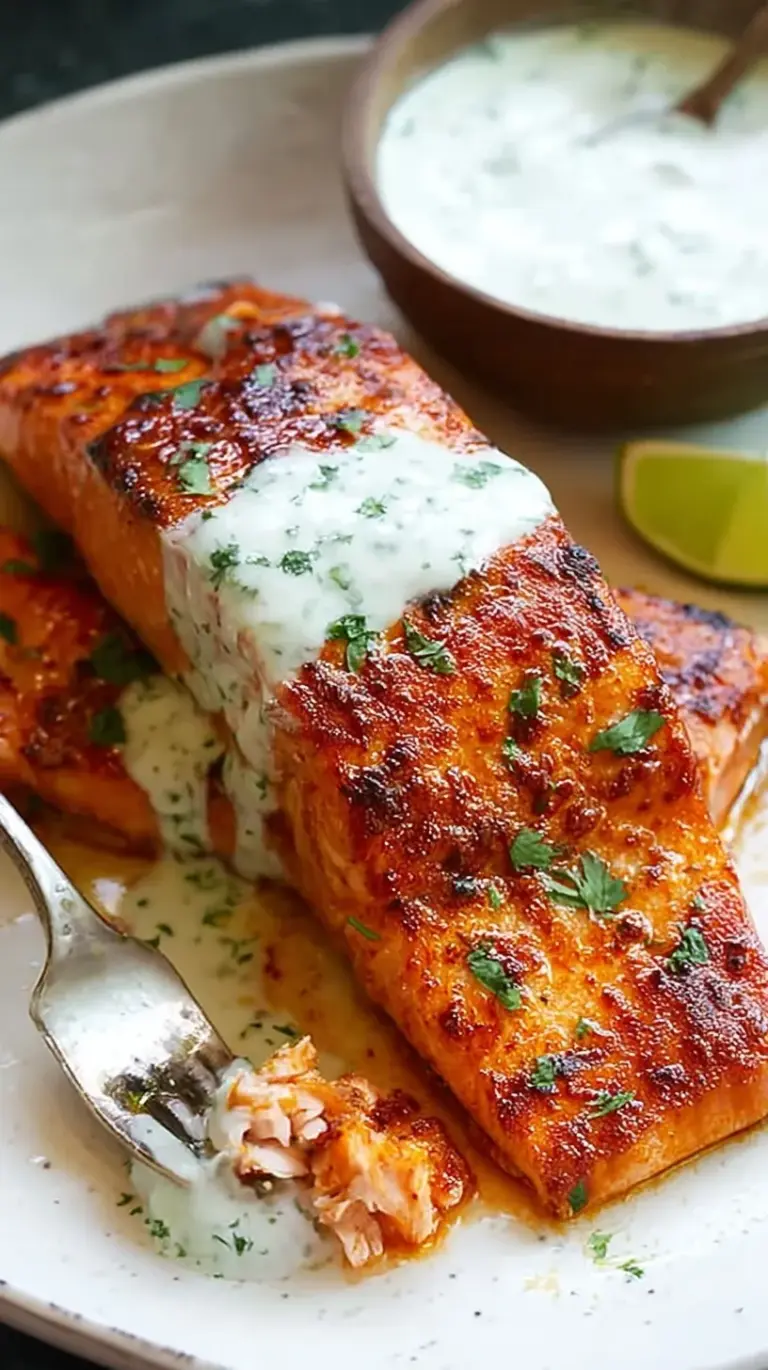 A pan-seared sriracha-glazed salmon fillet topped with a dollop of white yogurt sauce and fresh cilantro