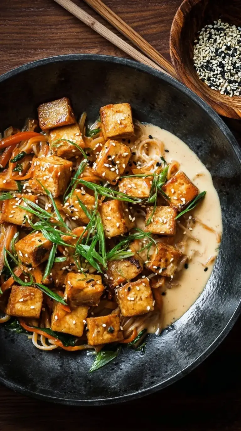 Crispy tofu cubes and fresh vegetables tossed in a creamy spicy tahini sauce in a dark skillet.