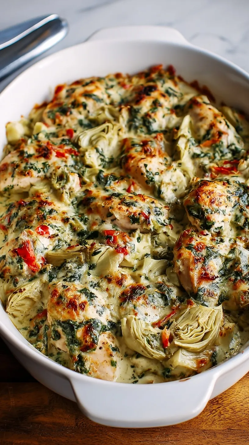 A golden-brown Spinach Artichoke Chicken Bake bubbling in a white casserole dish, garnished with fresh parsley.
