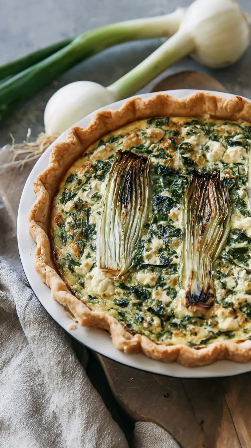 A golden brown spinach artichoke quiche with grilled spring onions in a flaky crust