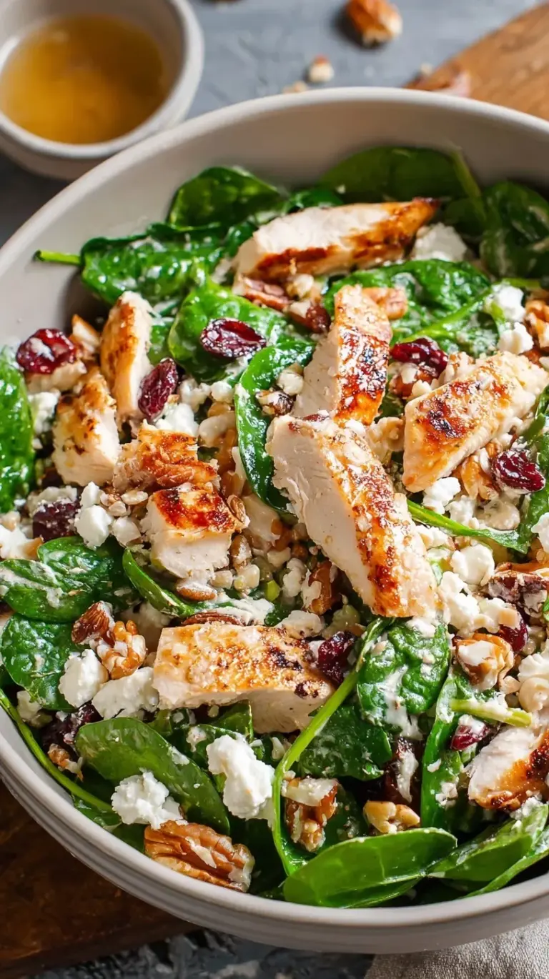 A fresh spinach chicken salad with grilled chicken strips, goat cheese, and walnuts in a white bowl