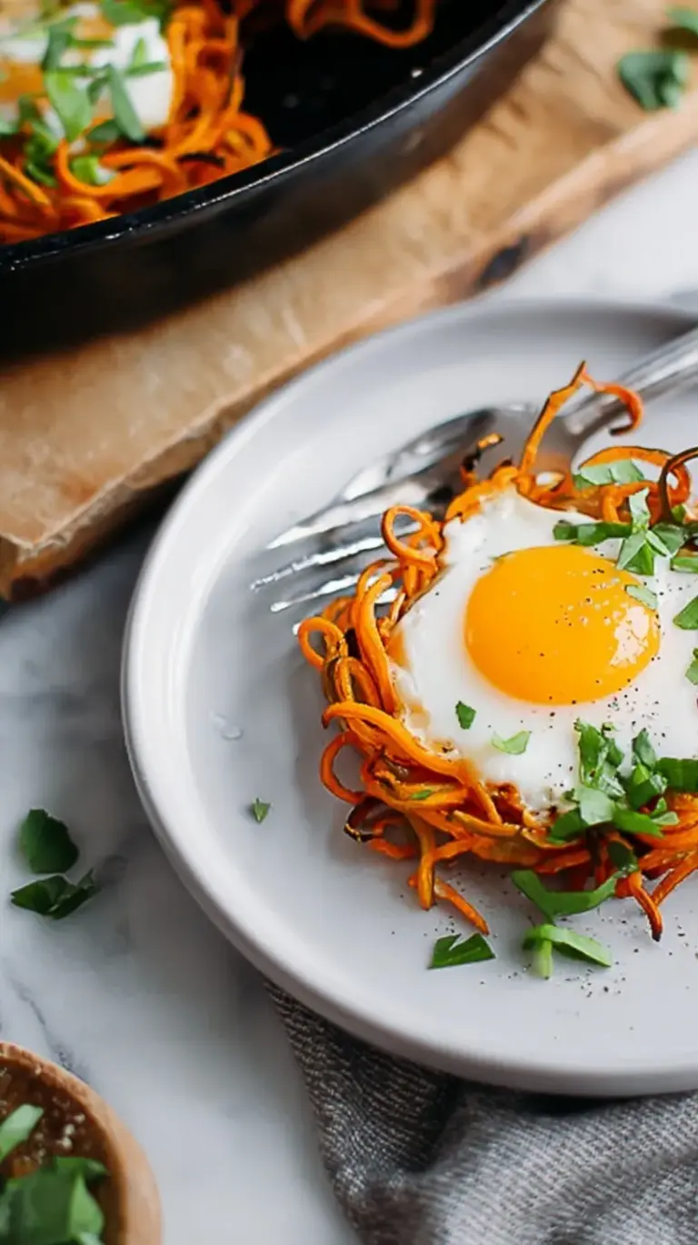Golden spiralized sweet potato nests topped with perfectly baked eggs and fresh chives on a baking sheet.