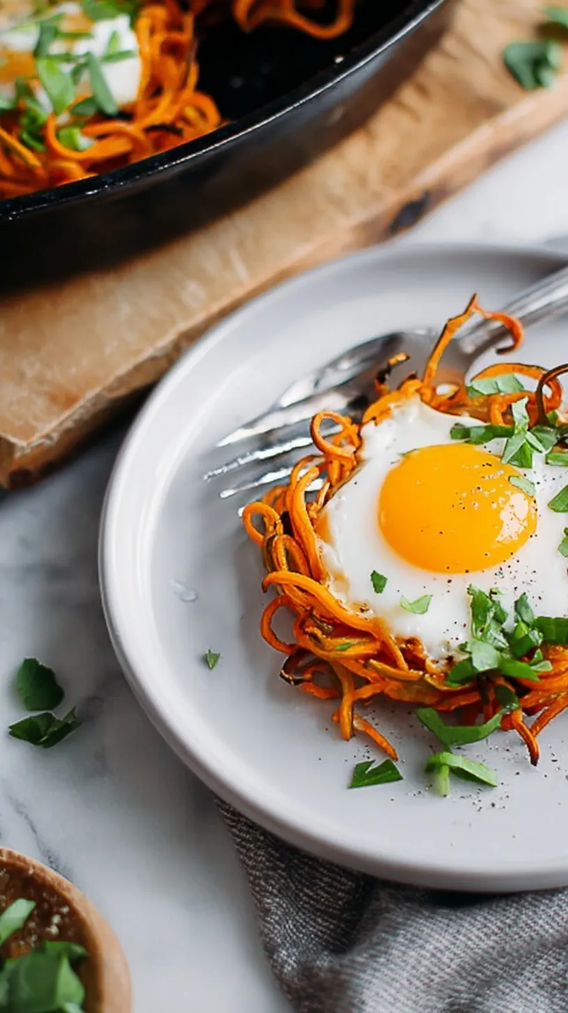 Golden spiralized sweet potato nests topped with perfectly baked eggs and fresh chives on a baking sheet.