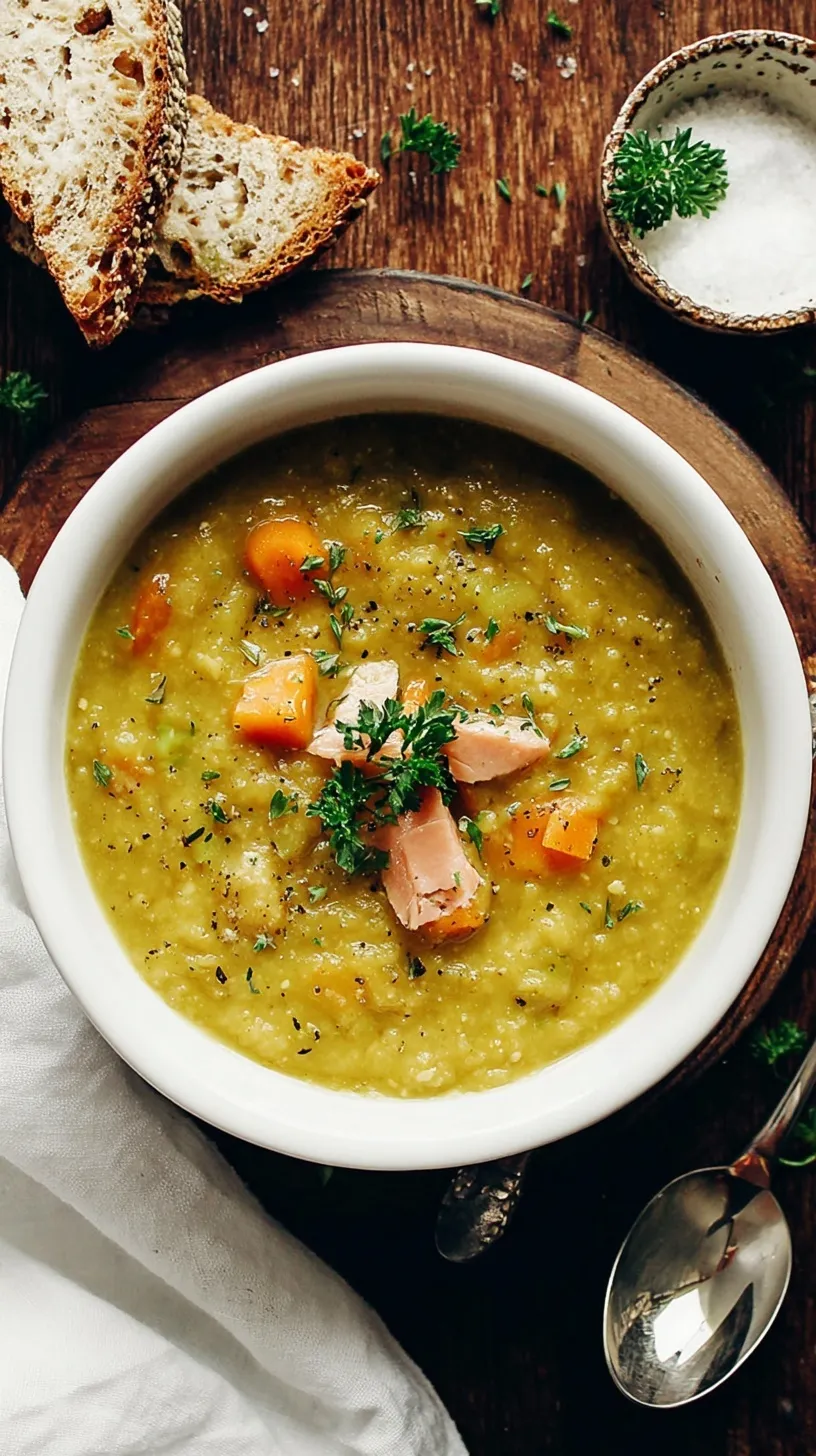 A steaming bowl of classic Split Pea Soup with chunks of ham and fresh parsley garnish, served with crusty bread.