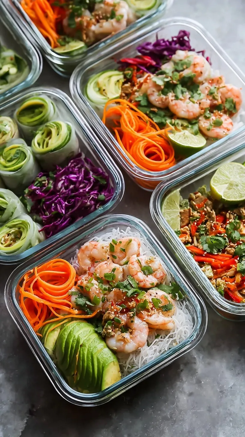Four glass containers filled with rice noodles, ground turkey, shredded cabbage, carrots, and cucumber with peanut sauce on the side.