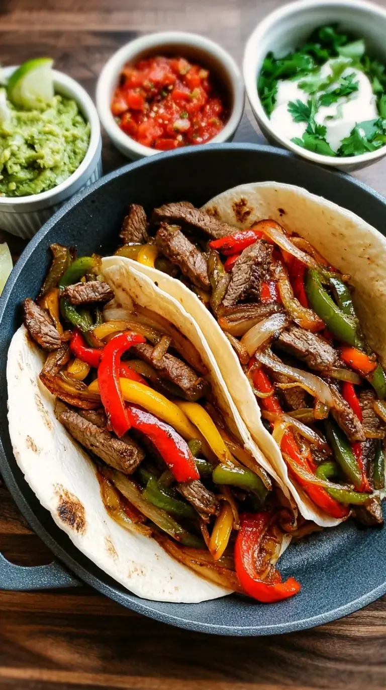 A sizzling skillet of colorful steak fajitas with tender beef, bell peppers, and onions, ready to be served.