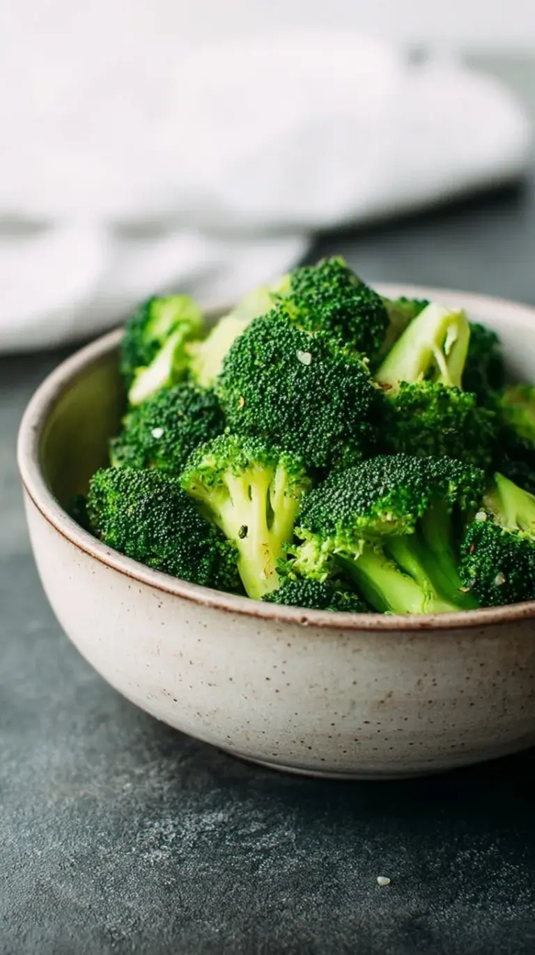 Bright green steamed broccoli florets in a white bowl with a lemon wedge