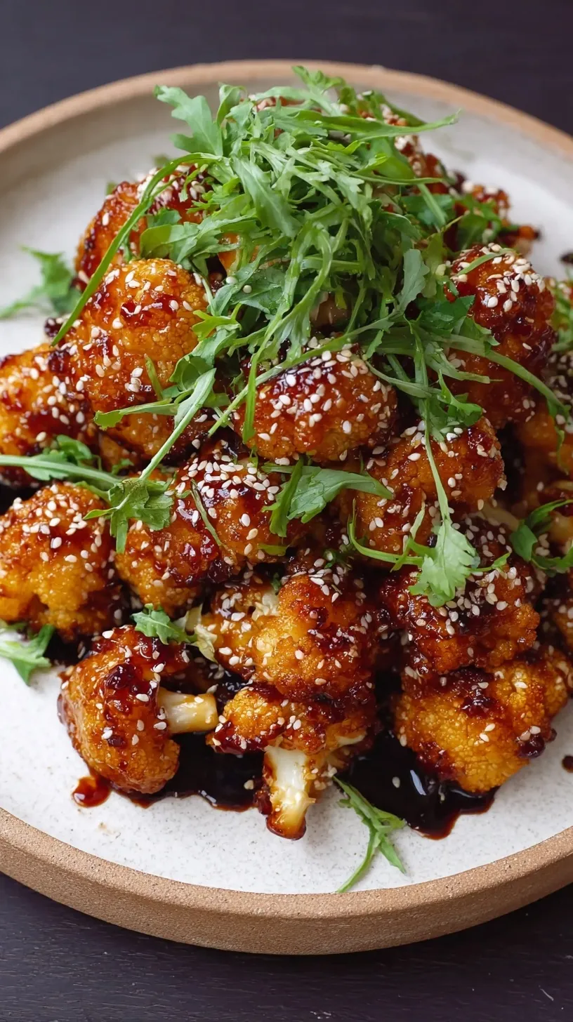 Crispy battered cauliflower florets coated in a glossy dark sesame glaze with green onions