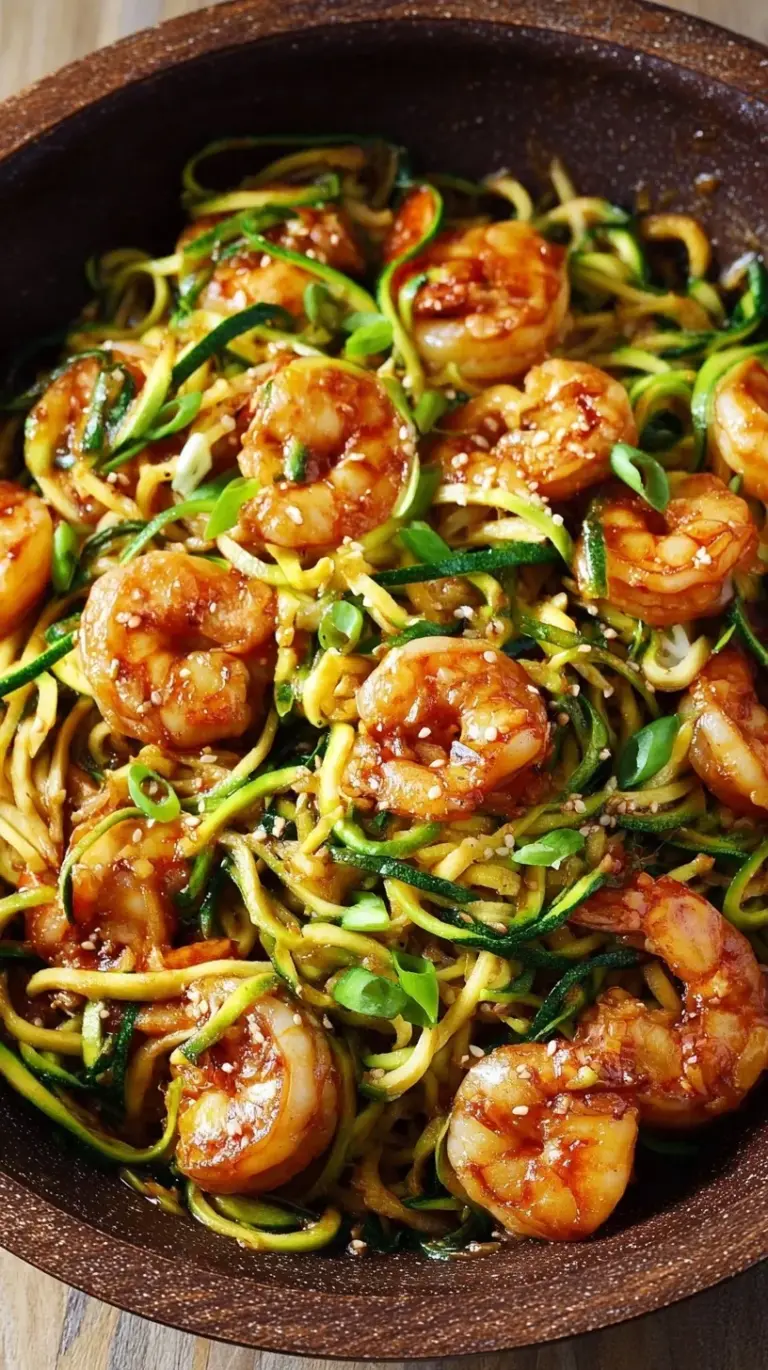 A bowl of Teriyaki Shrimp with Zucchini Noodles topped with sesame seeds and green onions.