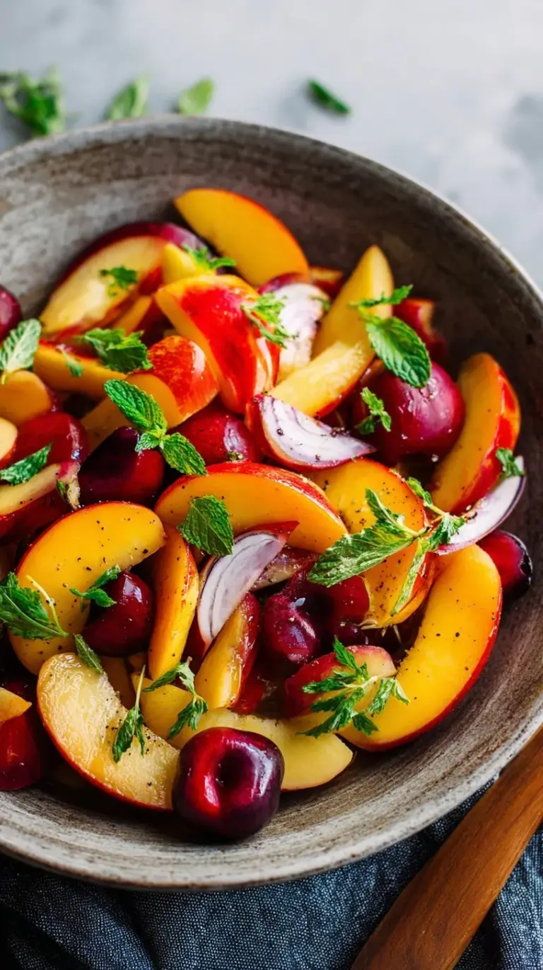 A colorful bowl of sliced peaches, plums, nectarines, and cherries with fresh mint